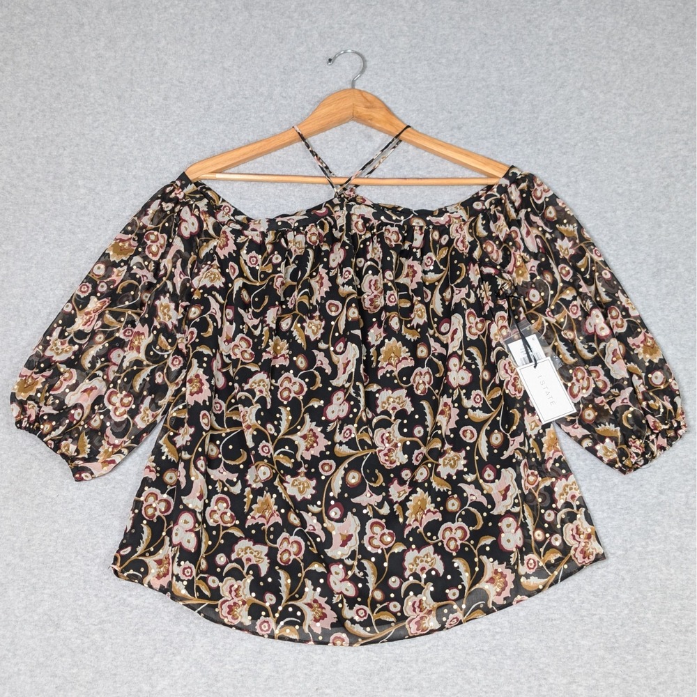 1. State Off Shoulder Chiffon Blouse Womens Large Sheer 3/4 Sleeve Floral New